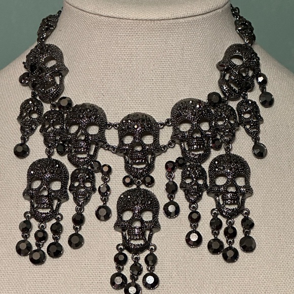 Gorgeous black rhinestones/crystals skulls bib necklace